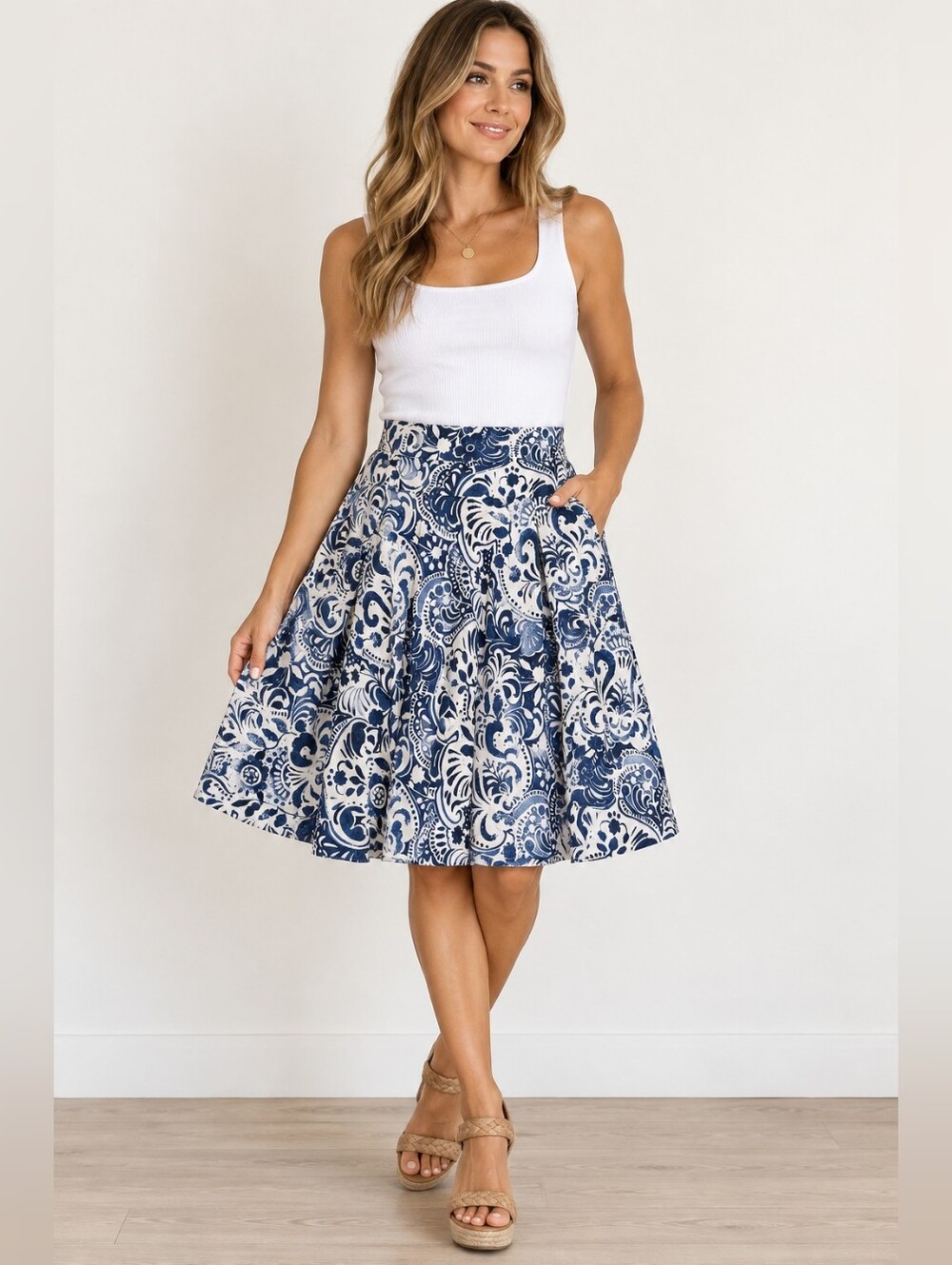 Lauren Ralph Lauren Blue White Floral Cotton A-Line Skirt Size 16